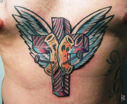 Double Macaroni Crucified to a Cross with Wings Tattoo