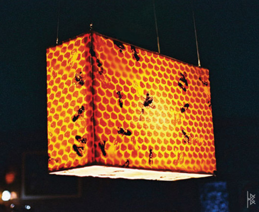 KB. ''Hive'', Hand dyed and Silkscreened Fabric on metal Lamp. 4'x3'x2'. 2004